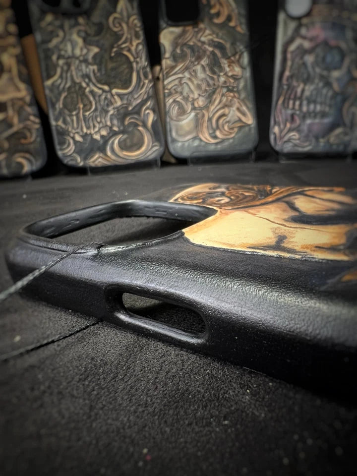 Hand-Carved Leather iPhone 13 Pro Max Case: Embossed Skull Art