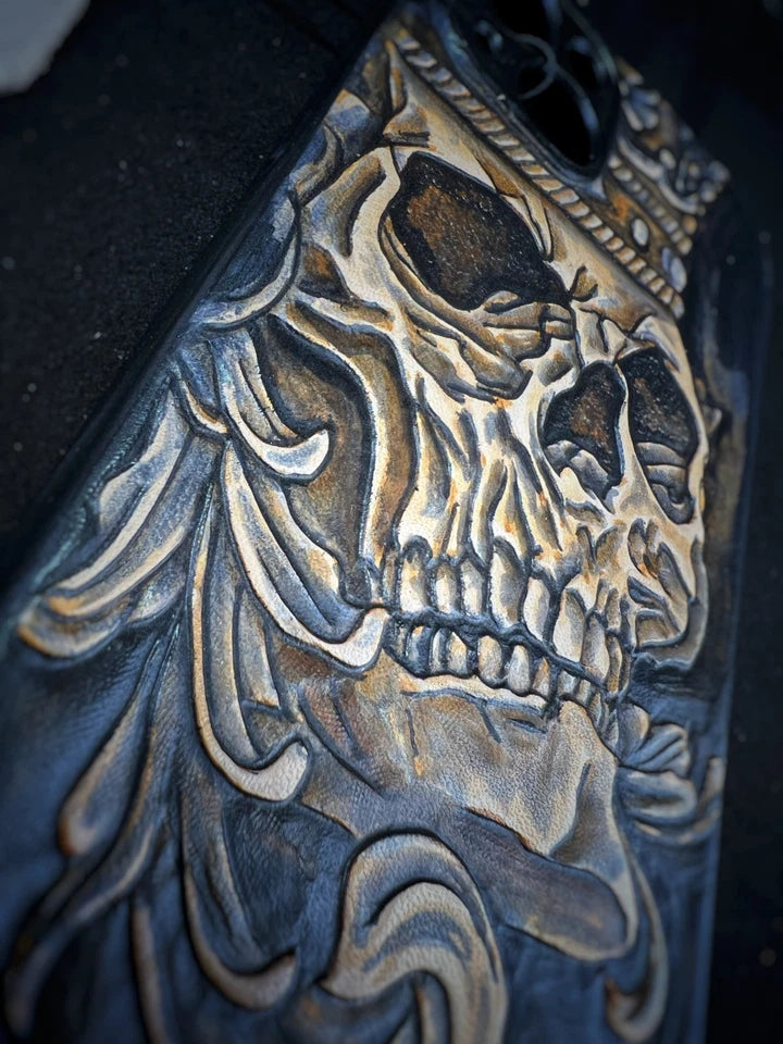 Hand-Carved Leather iPhone 14 Case: Embossed Skull Art