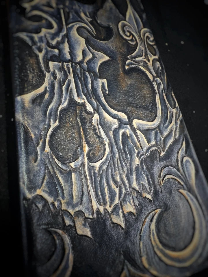 Hand-Carved Leather iPhone 14 Pro Max Case: Embossed Skull, Alcantara Interior