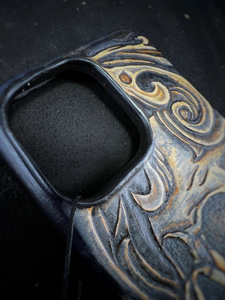 Hand-Carved Leather iPhone 13 Pro Case: Embossed Skull Art
