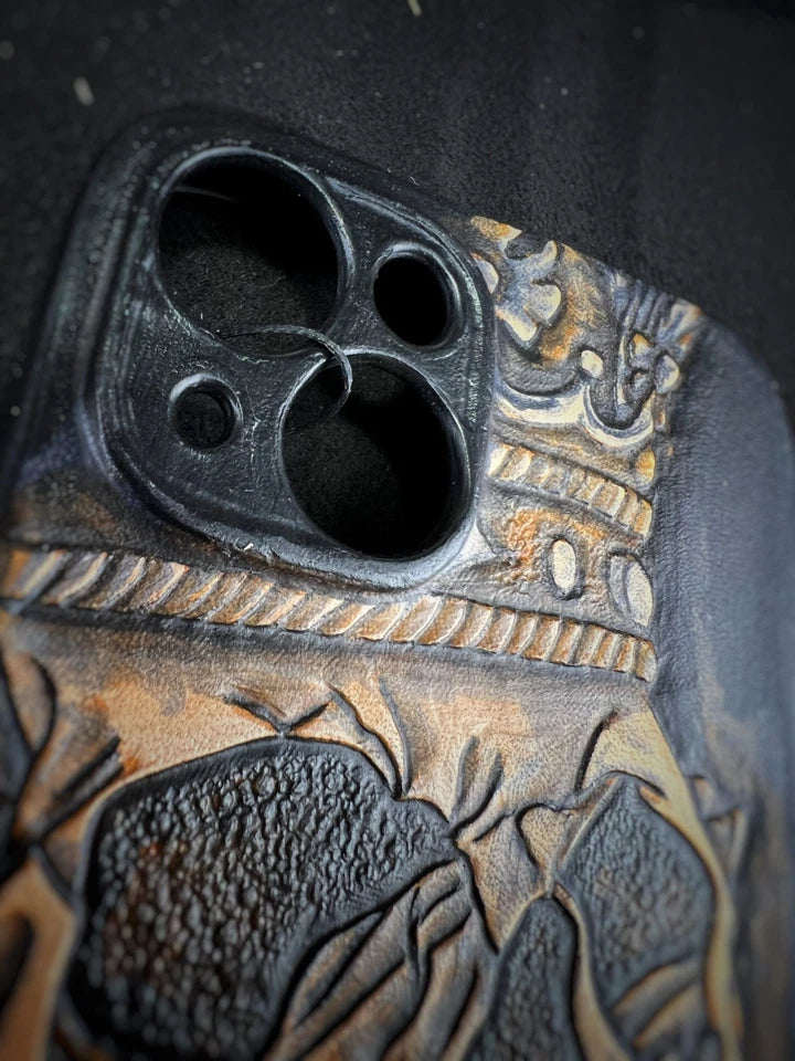 Hand-Carved Leather iPhone 14 Case: Embossed Skull Art
