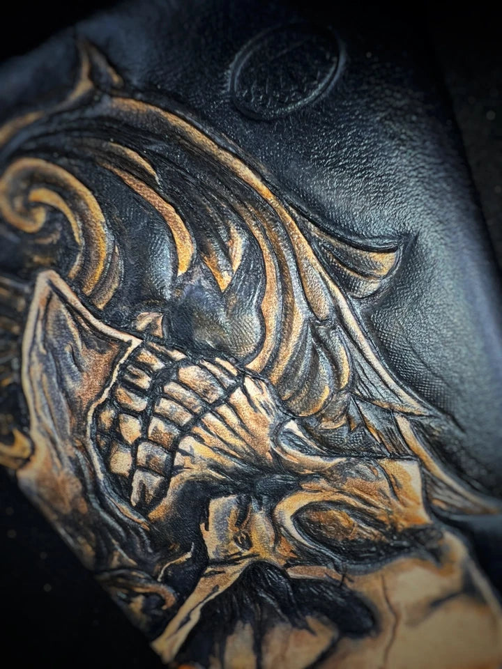 Hand-Carved Leather iPhone 13 Pro Max Case: Embossed Skull Art