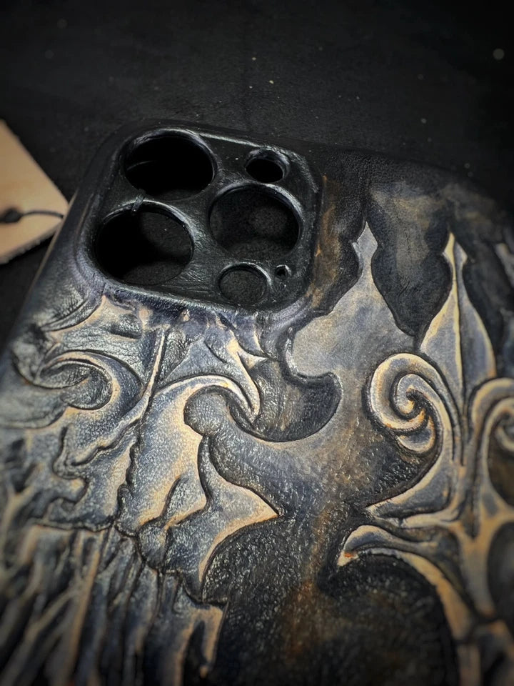 Hand-Carved Leather iPhone 14 Pro Max Case: Embossed Skull, Alcantara Interior