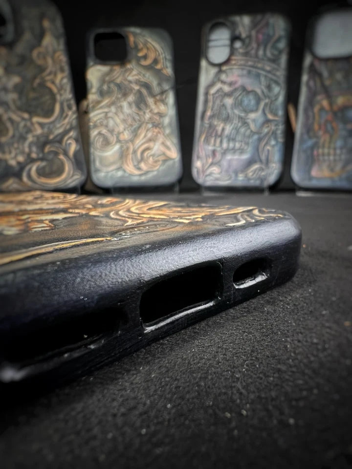 Hand-Carved Leather iPhone 13 Pro Case: Embossed Skull Art