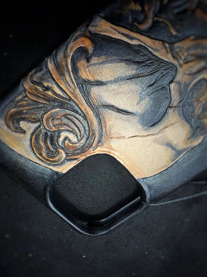 Hand-Carved Leather iPhone 13 Pro Max Case: Embossed Skull Art