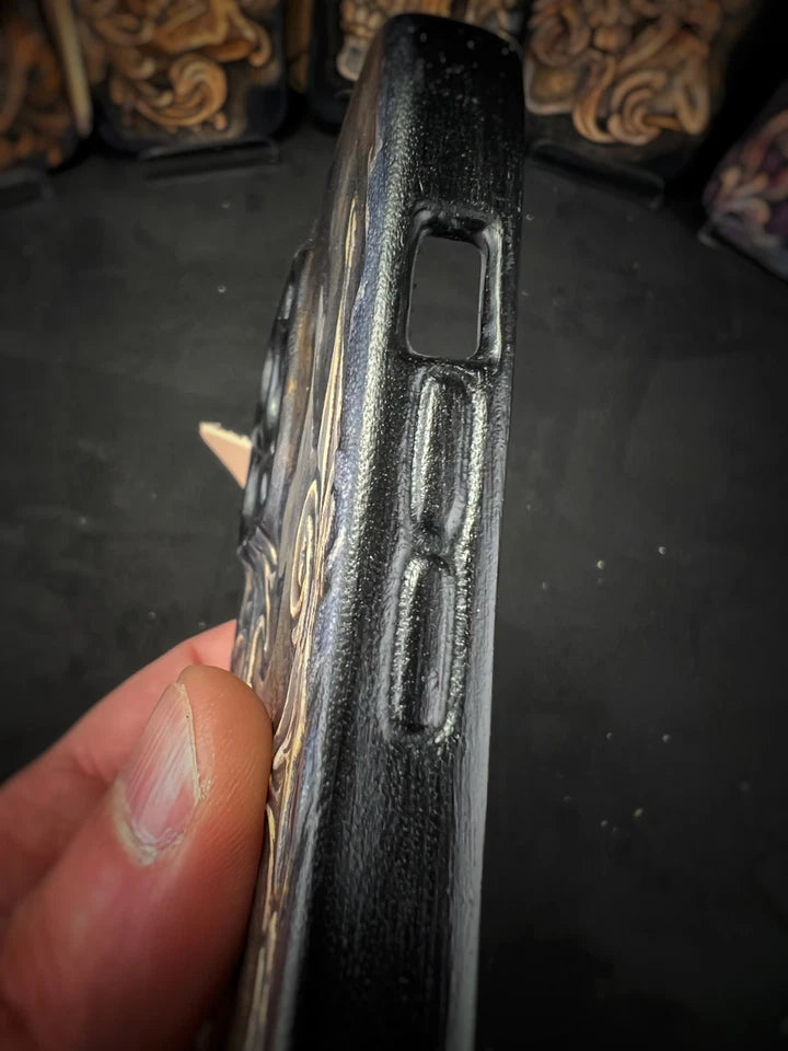 Hand-Carved Leather iPhone 14 Pro Max Case: Embossed Skull, Alcantara Interior