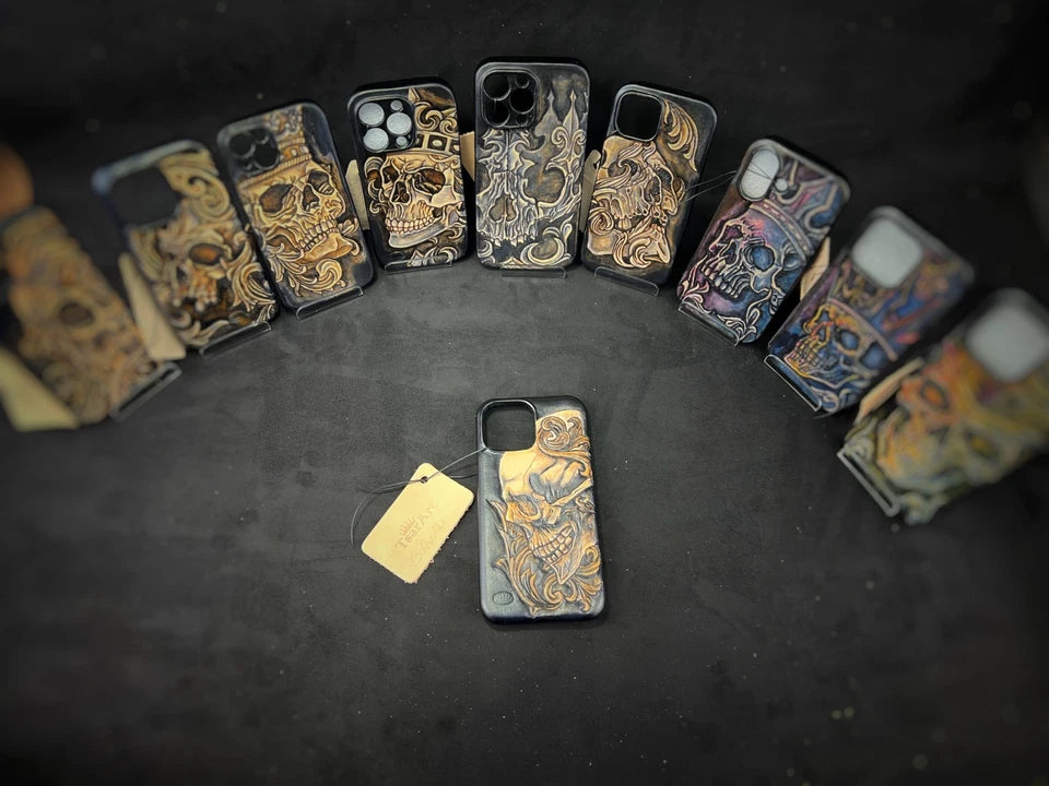 Hand-Carved Leather iPhone 13 Pro Max Case: Embossed Skull Art