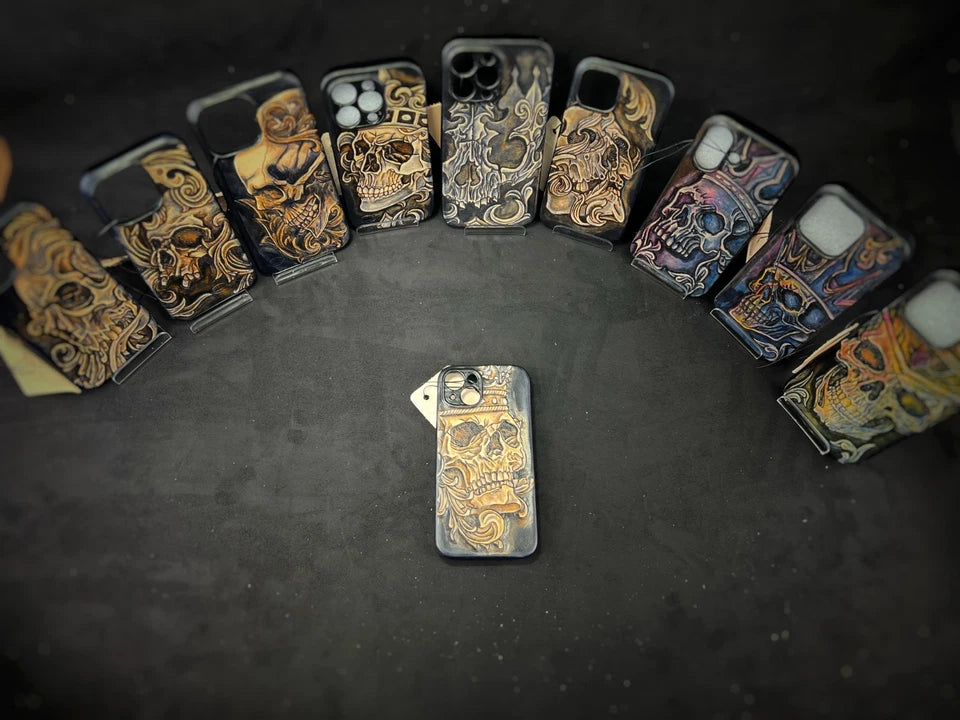 Hand-Carved Leather iPhone 14 Case: Embossed Skull Art