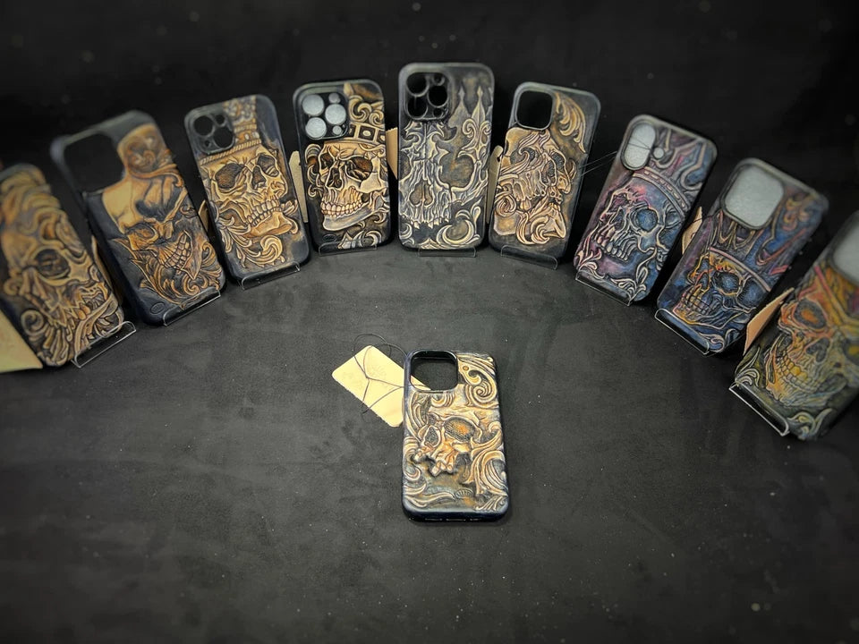 Hand-Carved Leather iPhone 13 Pro Case: Embossed Skull Art