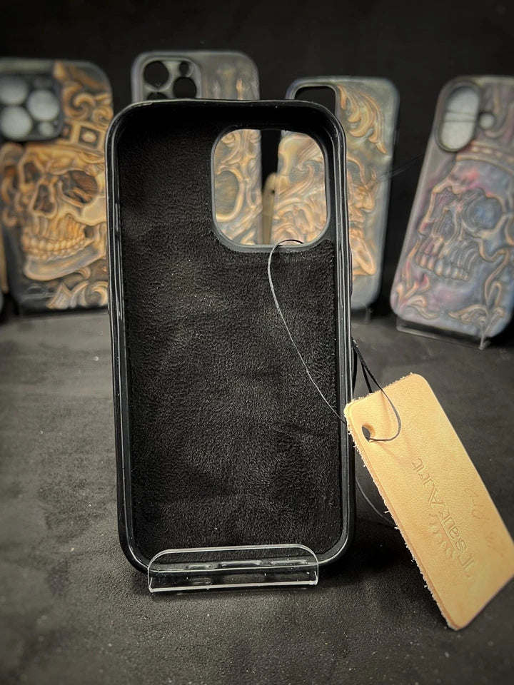 Hand-Carved Leather iPhone 13 Pro Case: Embossed Skull Art