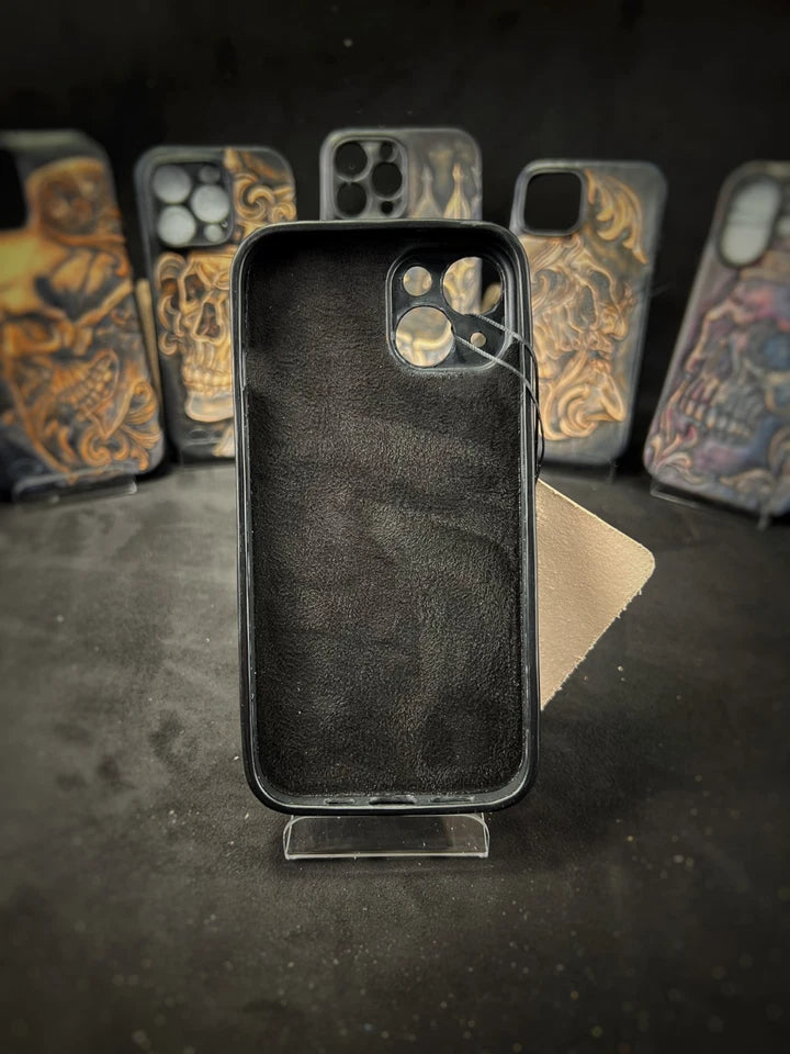 Hand-Carved Leather iPhone 14 Case: Embossed Skull Art