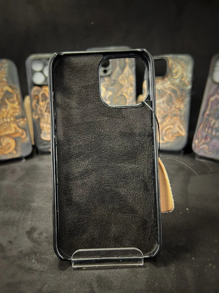 Hand-Carved Leather iPhone 13 Pro Max Case: Embossed Skull Art